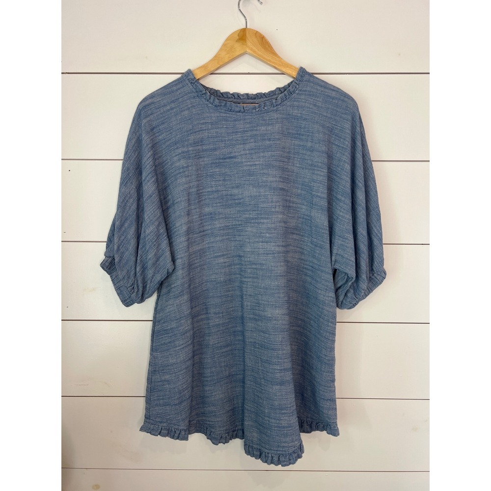 Cotton/Linen Blend Blue Ruffle Trim Puff Sleeve Textured Knit Top Blouse Womens